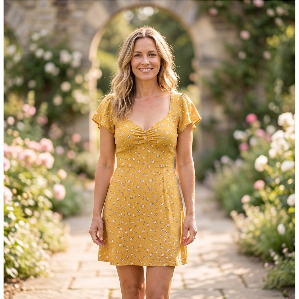 Abercrombie & Fitch Yellow Floral Mini Dress Ruched Bust Small